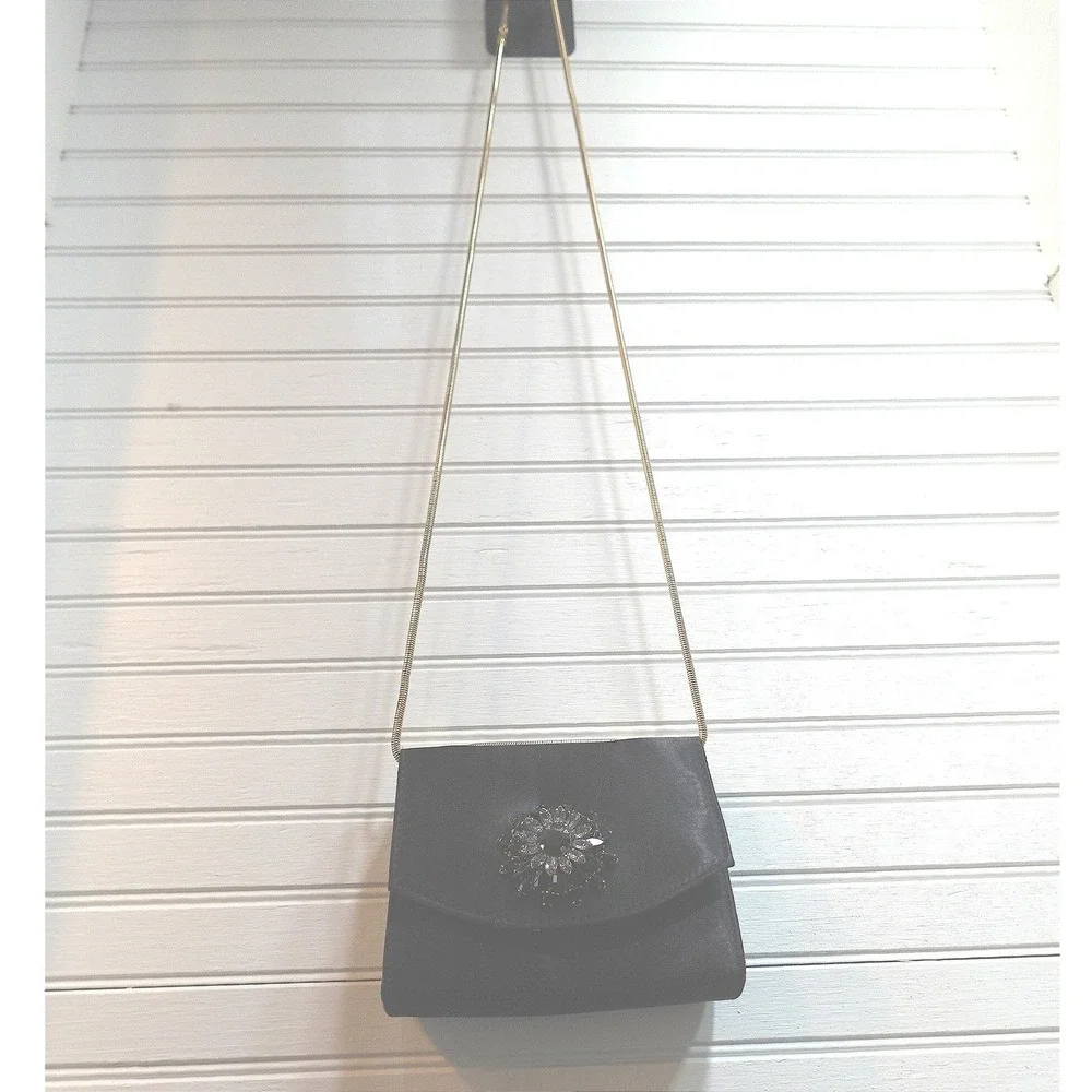 Ted Baker Gem Brooch Clutch Purse Black Satin Gold Tone Chain Rhinestone Flower